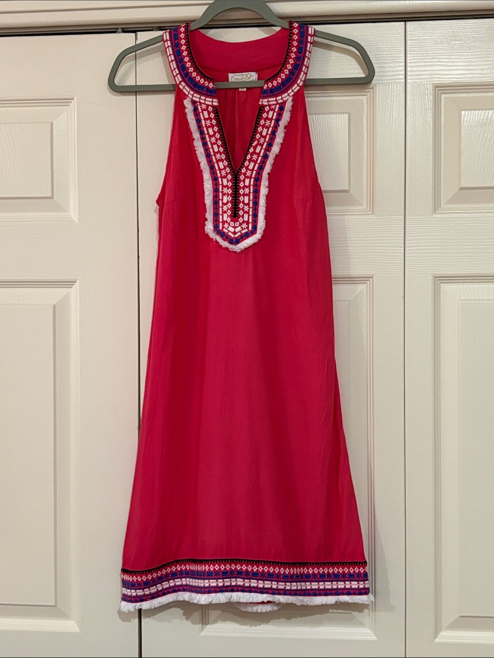 Mud Pie Women’s Hot Pink Embroidered Halter Dress with Embroidery
